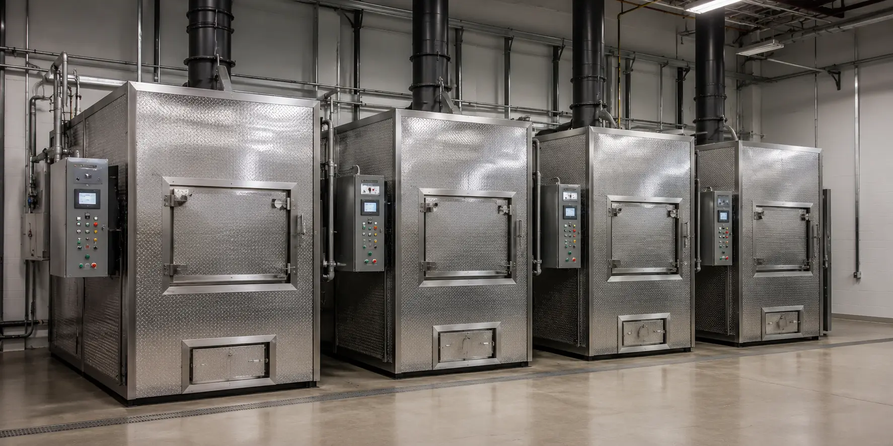Four cremation units with closed doors and control panels